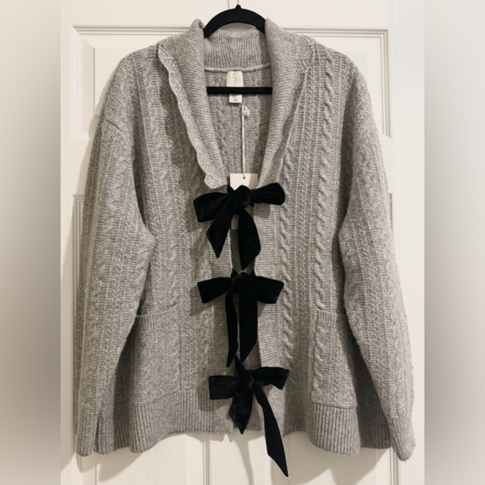 NWT Joie Gray Cable Knit Cardigan with Black Bows